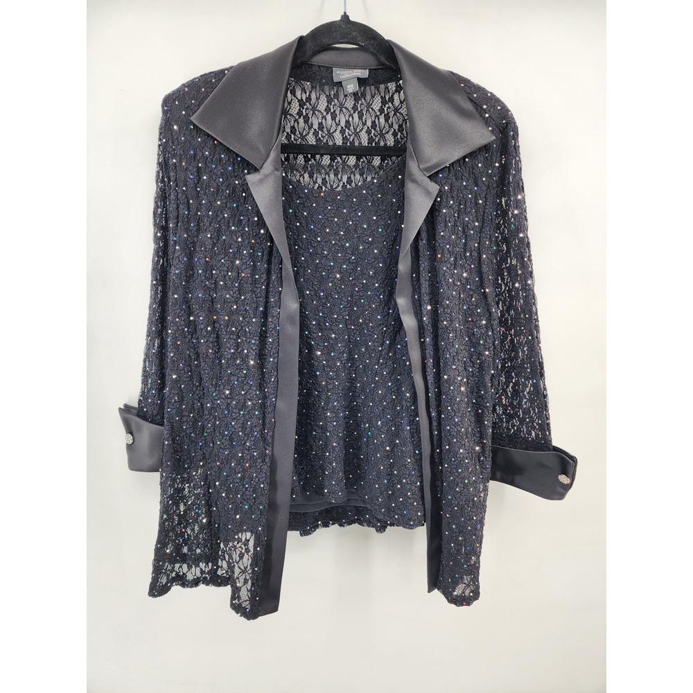 Dressbarn Woman Collection Black Lace Sparkle Sequin 2 Piece Tank & Jacket Set
